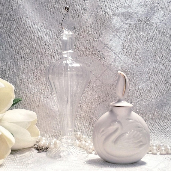 Two Beautiful Vintage Perfume Bottles Lenox Swan Bottle And A Tall Egyptian Handcrafted Bottle With Dauber Always FREE Domestic SHIPPING
