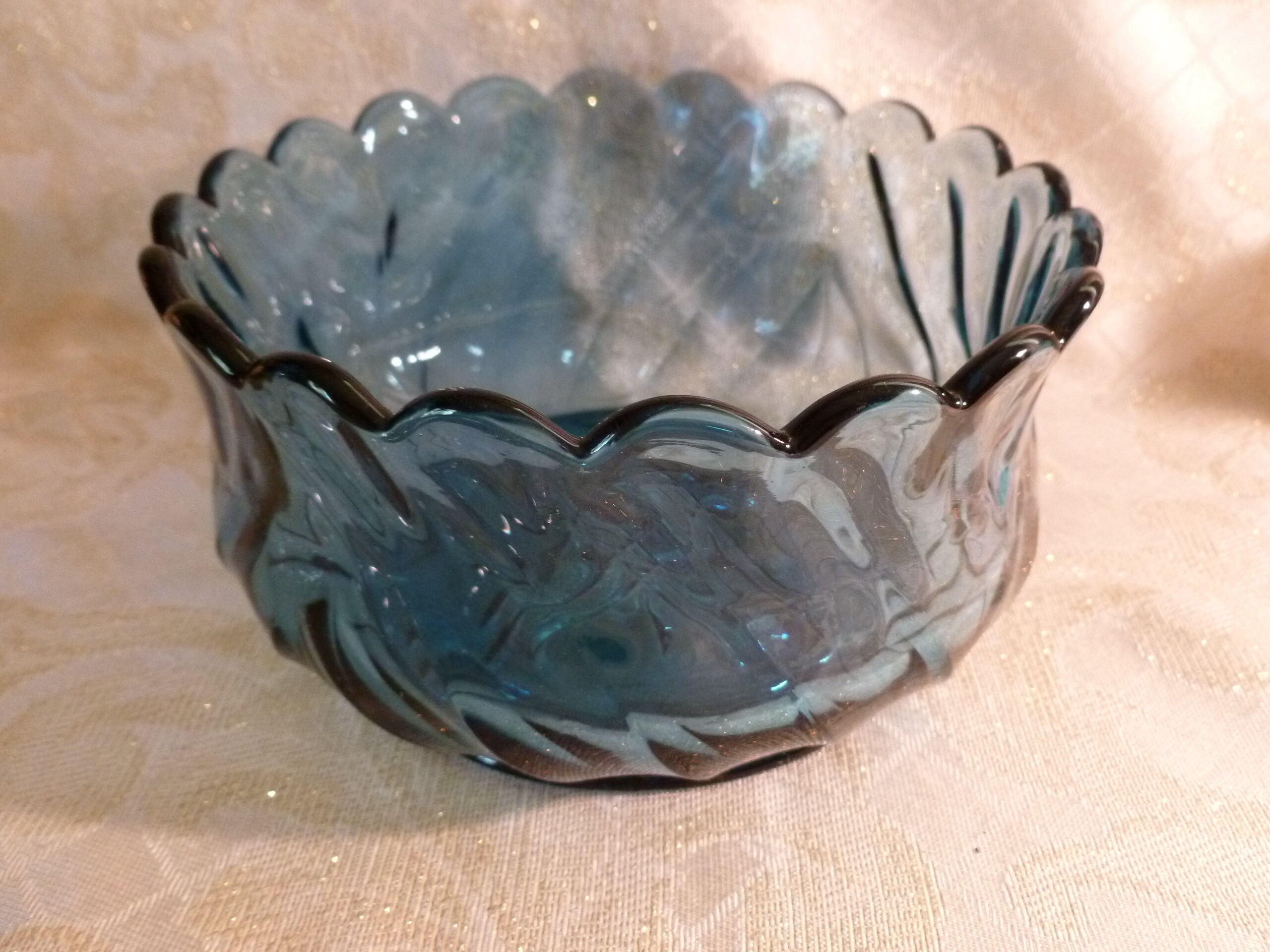 Blue Glass Serving Bowl With Scalloped Edge Intricate Design On Bottom