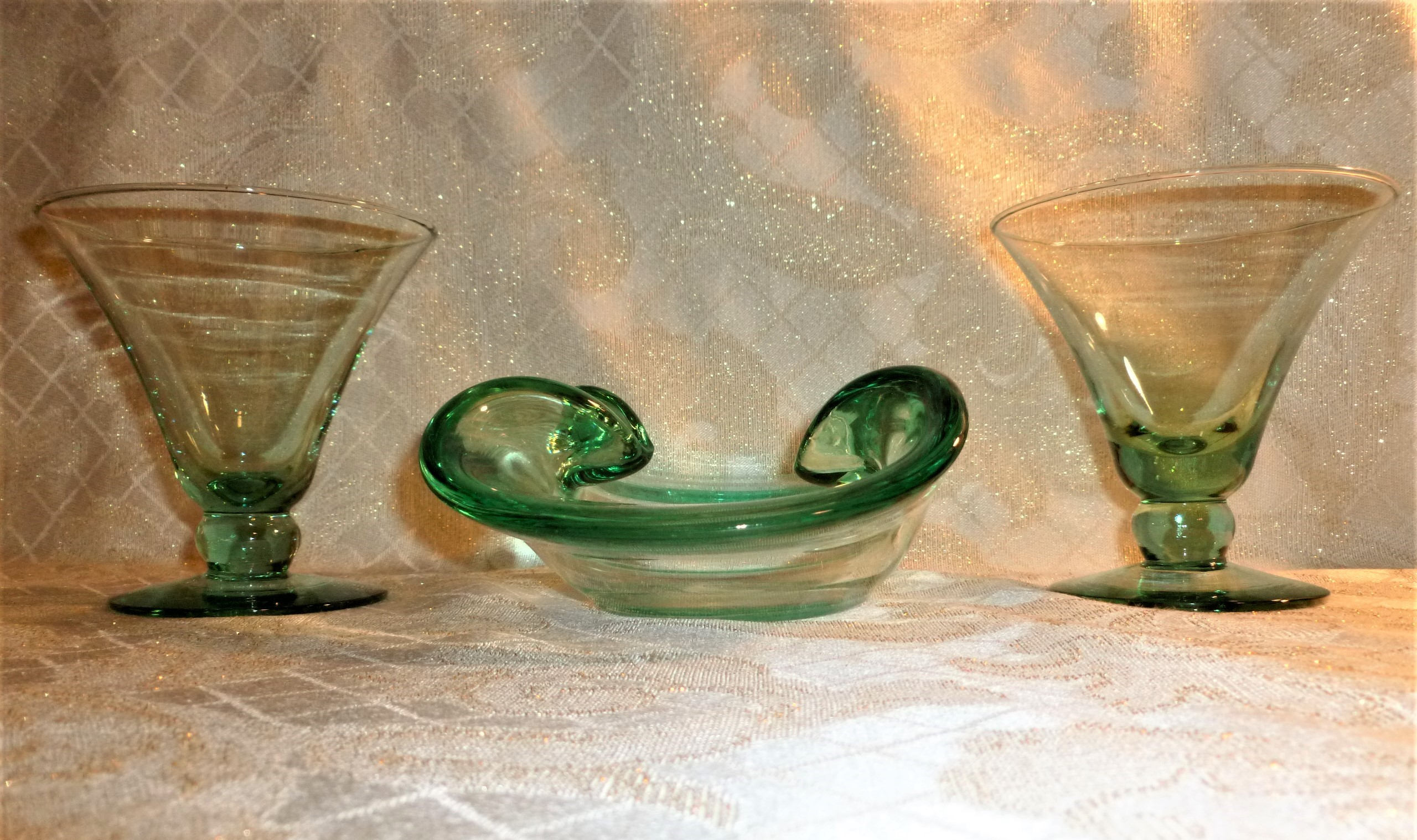 Vintage Hand Made Light Green Glass Martini Glasses With Matching Ash