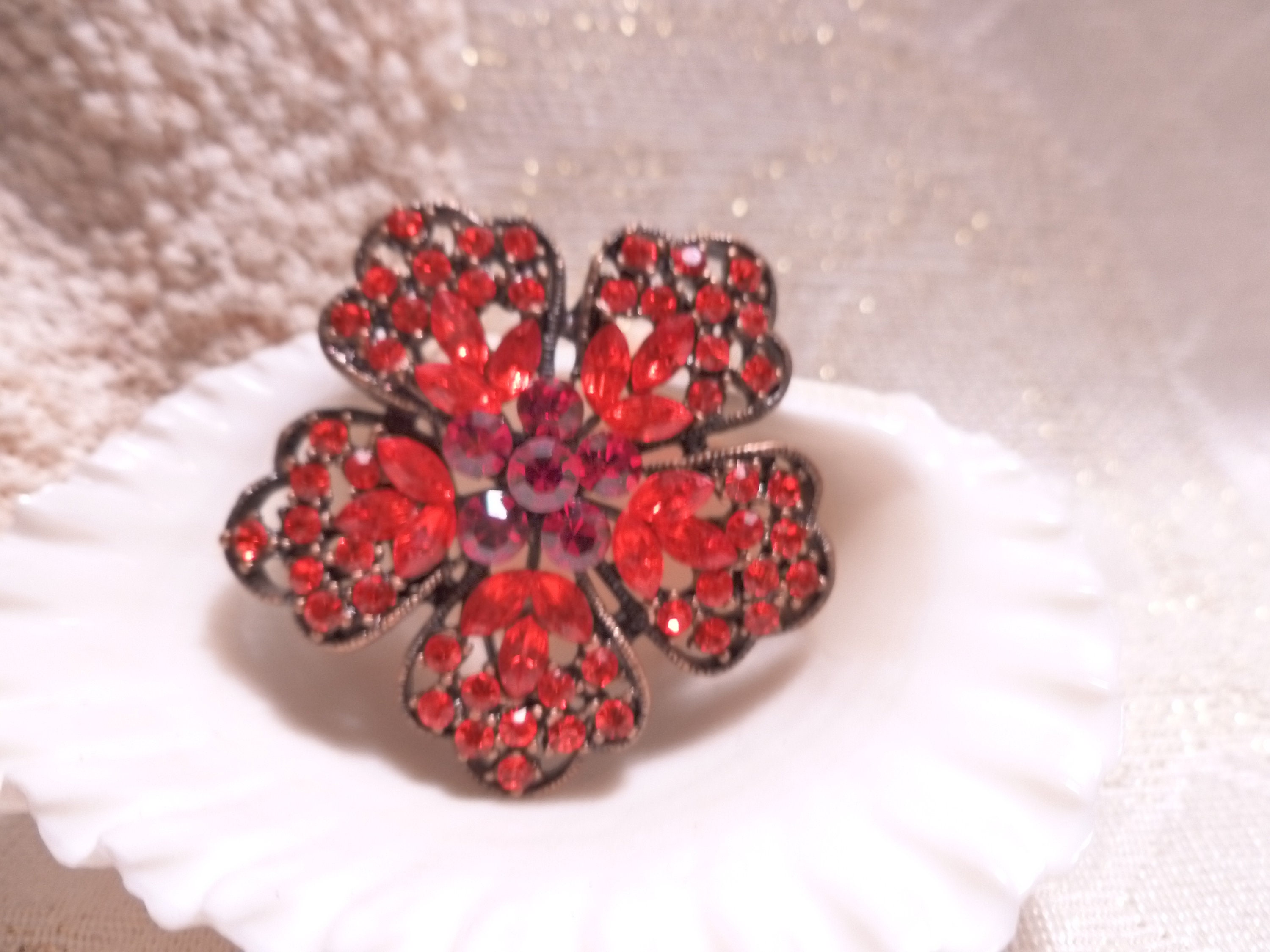 Bright Red Floral Brooch Elegant Crystals and Rhinestones Etsy