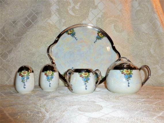 Condiment Set With Tray In White Lusterware Floral Design A Very Pretty 7 Piece Set With  FREE Domestic SHIPPING