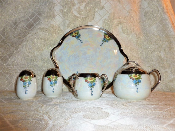 Carmel Collectibles Offers A Very Pretty 7 Piece Germany Condiment Set With Tray In White Lusterware Floral Design FREE Domestic SHIPPING