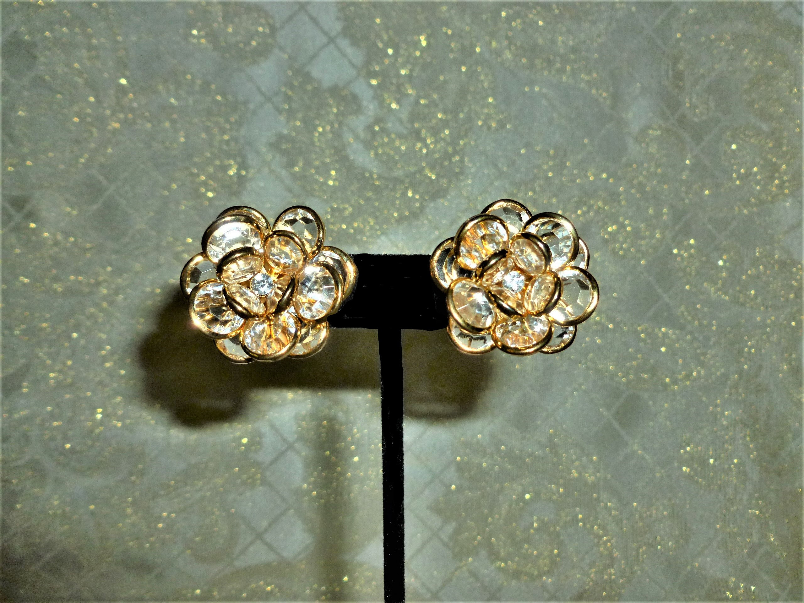 Vintage Vonelle Swarovski Crystal Clip On Earrings Swarvoski Floral