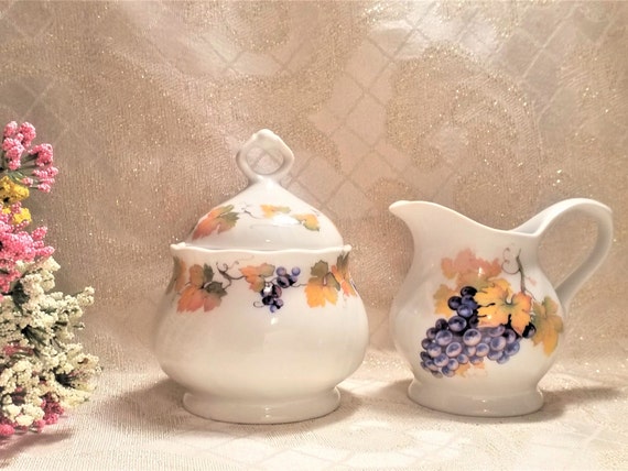 Creamer And Sugar Bowl With Lid Leitte International USA Handpainted Golden Fall Leaves With Purple Grapes Always FREE Domestic SHIPPING