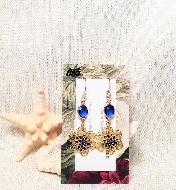 Handcrafted Earrings Elegant Blue Floral And Golden Filigree Added French Gold Plate Ear Wires For Comfort Always FREE Domestic SHIPPING