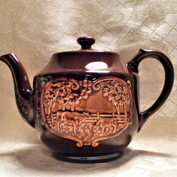 Vintage Teapot Brown Glaze Farmhouse Cow Decor Or Other Side Ocean Scene With Dutch Windmill Nautical Decor Always FREE Domestic SHIPPING