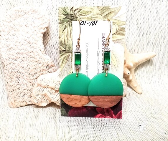 Handcrafted Teal Acrylic And Wood Earrings With Beautiful Crystal Connectors Ideal Accessories Always FREE Domestic SHIPPING