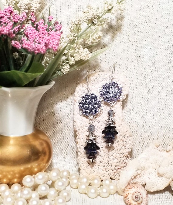 Handcrafted Earrings Beautiful Style Light Purple Rhinestones With Dark Purple Czech Flowers Excellent Jewelry Accessory