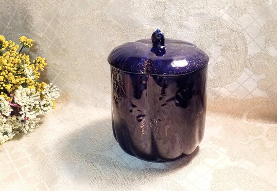 Cobalt Blue Canister With Golden Glitz And Lid In A Beautiful Flower Shape Excellent Cobalt Blue Decor Always FREE Domestic SHIPPING
