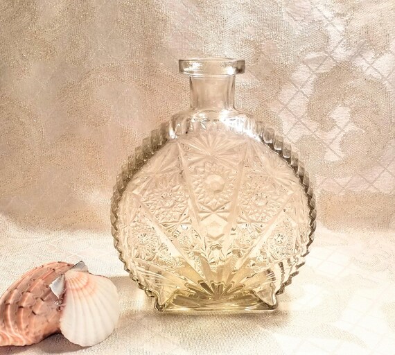 1957-1960s Mouquin Brandy Decanter MCM Italy Empoli Region Pressed Glass Floral Design Hallmarked Bottom Always FREE Domestic SHIPPING