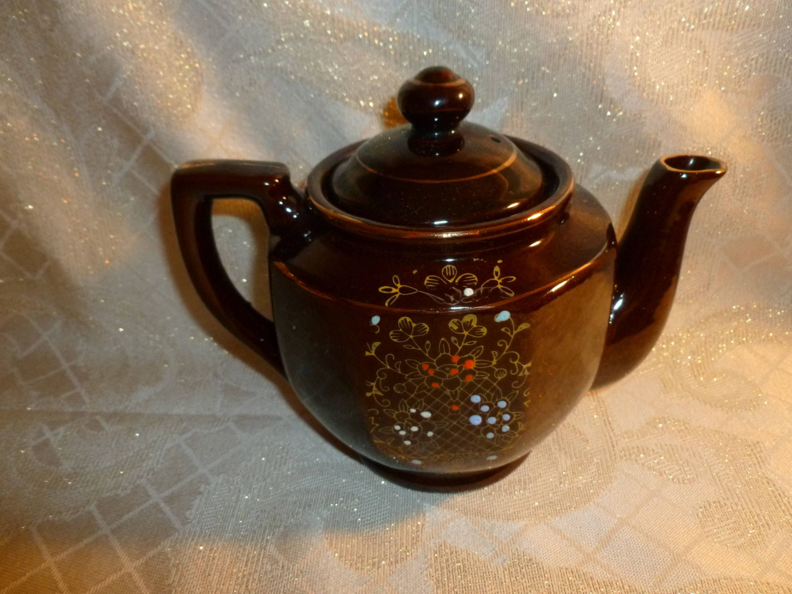 Beautiful Vintage Chocolate Brown Teapot With Intricate Floral Design And Gold Trim Very Pretty