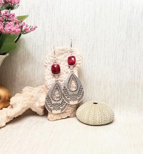 Earrings Handcrafted Beautiful Cut Raw Ruby Connectors Elegant Floral Teardrop Charms Silverplated French Earwires FREE Domestic Shipping