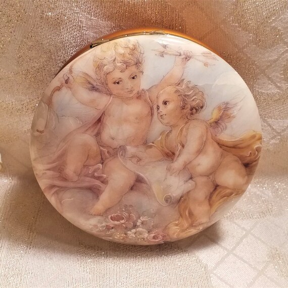 Vintage Trinket Dish With Hinged Lid Beautiful Cherub Design Golden Color Bottom Ideal Vintage Vanity Display Always FREE Domestic SHIPPING