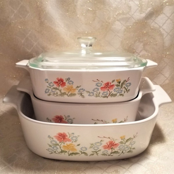 Vintage CorningWare RARE Autumn Meadow Set Of 3 Sizes Baking Casseroles With 1 Lid Beautiful Floral Pattern Always FREE Domestic SHIPPING