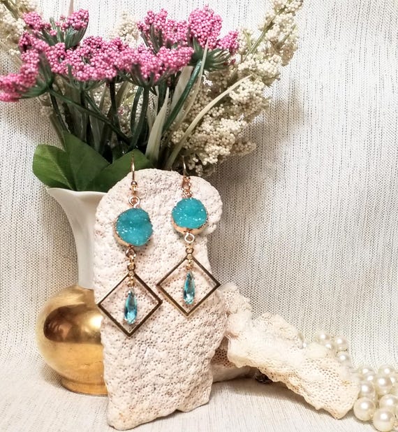Earrings Handcrafted Beautiful Design By Carmel Collectibles Turquoise Color Faux Druzy Style Elegant Design Always FREE Domestic SHIPPING