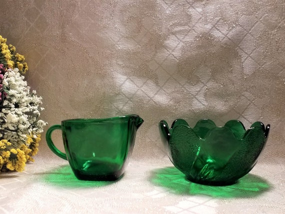 Vintage Dark Green Glass Creamer And Floral Sugar Bowl Beautiful Emerald Green Looks Great With Most Settings Always FREE Domestic SHIPPING