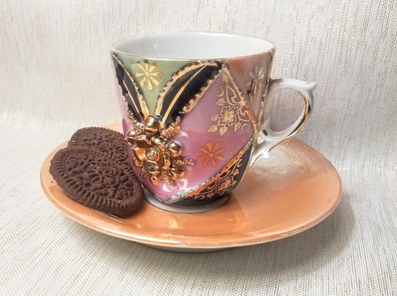 Vintage Lusterware Demitasse Cup and Saucer, Gold Floral Bone China
