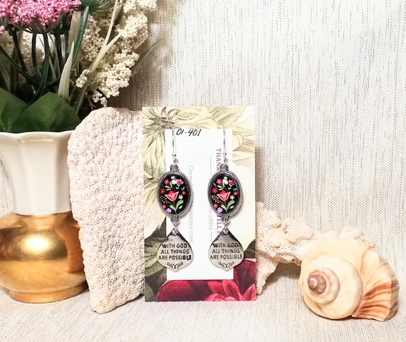 Earrings Handcrafted Floral And Message From Mathew 19 26 With God All Things Are Possible Always FREE Domestic SHIPPING