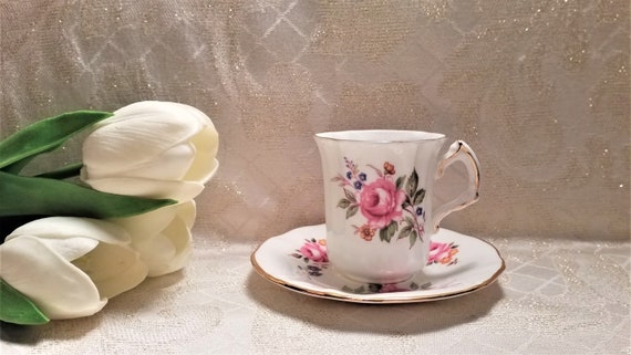 Hammersley Demitasse Cup And Saucer Vintage Fine Bone China Made In England Beautiful Pink Rose Floral Always FREE Domestic SHIPPING