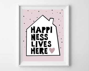 Happiness Lives Here, Pastel Pink, nursery wall art, digital prints, kids room decor, print, children gift, illustration, baby room