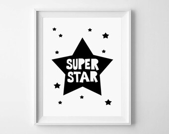 Baby wall art printable, Scandinavian, Super Star, monochrome quote, nursery decor, gender neutral, baby gift, black and white, illustration