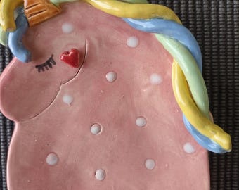 Unicorn Jewelry Dish, Handmade, Hand painted, Ceramic, Children's Dish, Pink