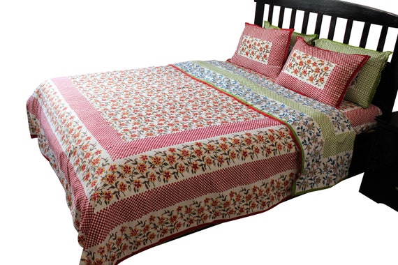 Cotton Duvet Coverred Green Blue Floral Checker Etsy