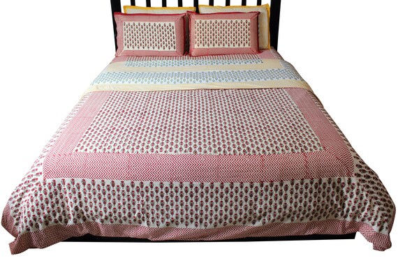 Cotton Duvet Cover Set Red Green Yellow Floral Print Queen Etsy