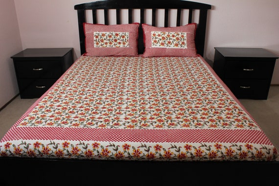 100/% Cotton Hand Printed Indian Double Tapestry Bedsheet with 2 Pillow Covers A