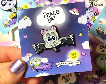 Peace Bat GLOW in THE DARK enamel pin, soft enamel, cute pin