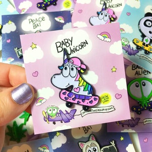 Baby Unicorn GLOW in the dark enamel pin, soft enamel pins, skateboarding