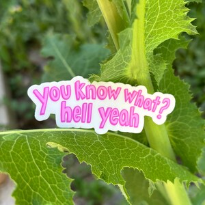 May include: A white die-cut sticker with a pink border and pink text that reads "You know what? hell yeah" in a playful, rounded font. The sticker is positioned against a bright green plant stem with serrated leaves.