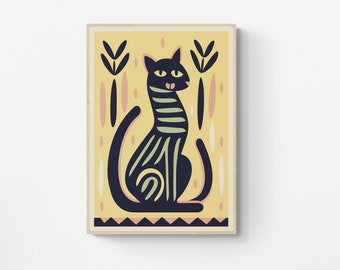 May include: A black cat with green stripes sits on a yellow background with pink and white abstract shapes. The cat has a pink tongue sticking out.