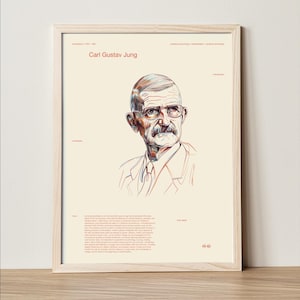 May include: A framed print featuring a colorful illustration of Carl Gustav Jung. The portrait is rendered in a line art style with red, blue, and brown hues. The print includes text with the name "Carl Gustav Jung" and other related information.