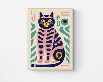May include: A pink and blue stylized illustration of a cat with a yellow face and a black nose. The cat is sitting on a cream background with green and blue abstract shapes.