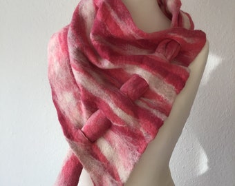 Triangular scarf felted in pink and pink tones