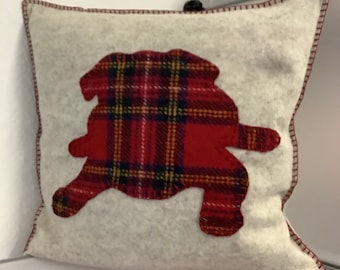 Decorative cushion made of wool felt with pug application made of Harris Tweed