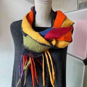 Nuno felt scarf with colorful stripes on black, finest chiffon silk and wool