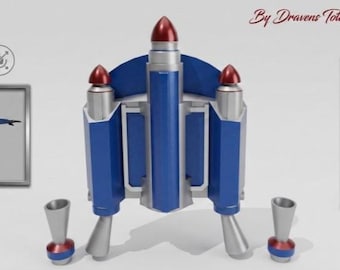 Peut inclure: Un fichier d'impression 3D numérique pour un jet pack animé JT-12 par Dravens Total Customs. Le design présente un jet pack bleu et argent avec des pointes coniques rouges, deux buses de propulsion séparées et des images de référence.