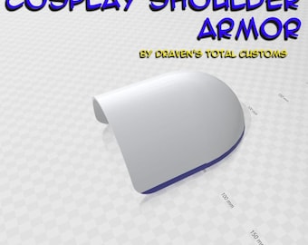Peut inclure: Une pièce d'armure d'épaule blanche et incurvée pour cosplay, avec une surface lisse. Le texte indique : COSPLAY SHOULDER ARMOR BY DRAVEN'S TOTAL CUSTOMS. Téléchargement numérique de fichier .stl uniquement. Aucun produit physique. Inclut des repères métriques.