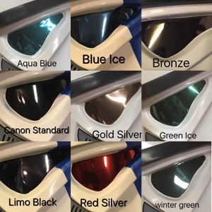May include: A collage of nine images showing different colored visor lenses for a Star Wars Stormtrooper helmet. The colors include aqua blue, blue ice, bronze, canon standard, gold silver, green ice, limo black, red silver, and winter green.