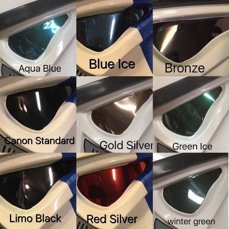 May include: A collage of nine images showing different colored visor lenses for a Star Wars Stormtrooper helmet. The colors include aqua blue, blue ice, bronze, canon standard, gold silver, green ice, limo black, red silver, and winter green.