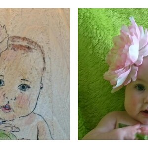 May include: A drawing of a baby girl with a pink flower headband, next to a photograph of a baby girl wearing a similar headband.