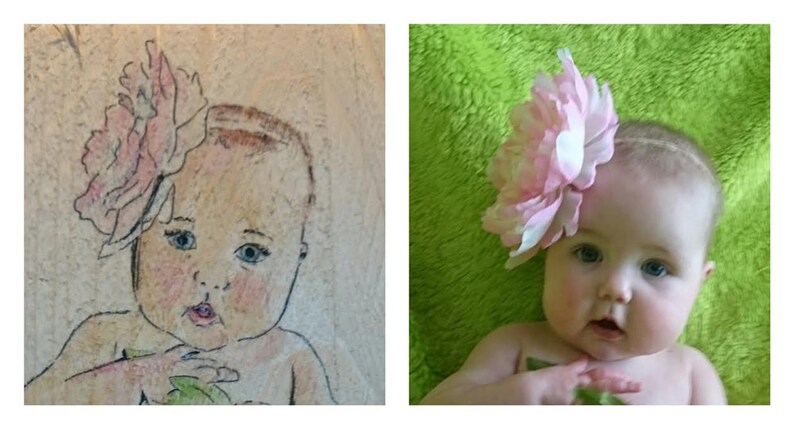 May include: A drawing of a baby girl with a pink flower headband, next to a photograph of a baby girl wearing a similar headband.