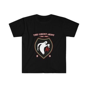May include: Black t-shirt with a white ghost graphic and the text "THE GHOST ARMY - 1944-1945 -" in white. The ghost is holding a red lightning bolt. The number "2" is on the left side of the graphic and the number "3" is on the right side.