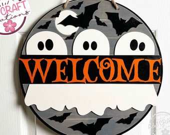 Ghost Welcome Sign, Halloween Wood Door Hanger, Baltic Birch Round Sign