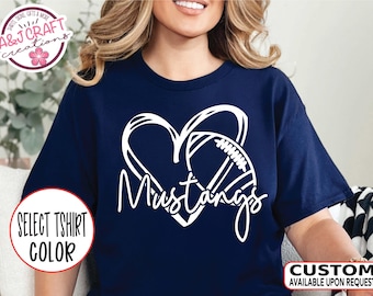 Mustangs Team Mascot Heart Football Tee, School Spirit Shirt