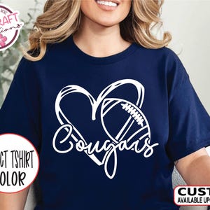 Cougars Heart Football Tee, School Pride Shirt, Football Mom Gift, High School Spirit Wear, Team Mascot Sports Fan School Pride Shirt
