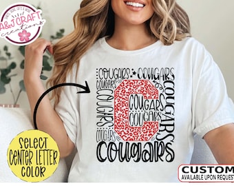 Cougars Team Mascot Shirt, School Spirit Leopard Print Typography Tee, Cheer, Football, Baseball, Soccer