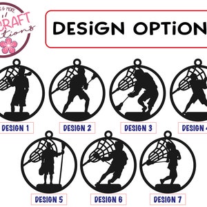May include: Seven different lacrosse player designs for ornaments. Each design features a silhouette of a lacrosse player holding a lacrosse stick and a lacrosse net. The designs are numbered 1 through 7.